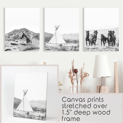 Western Wall Art Set of 3. Desert, Wild Horses, Tepee