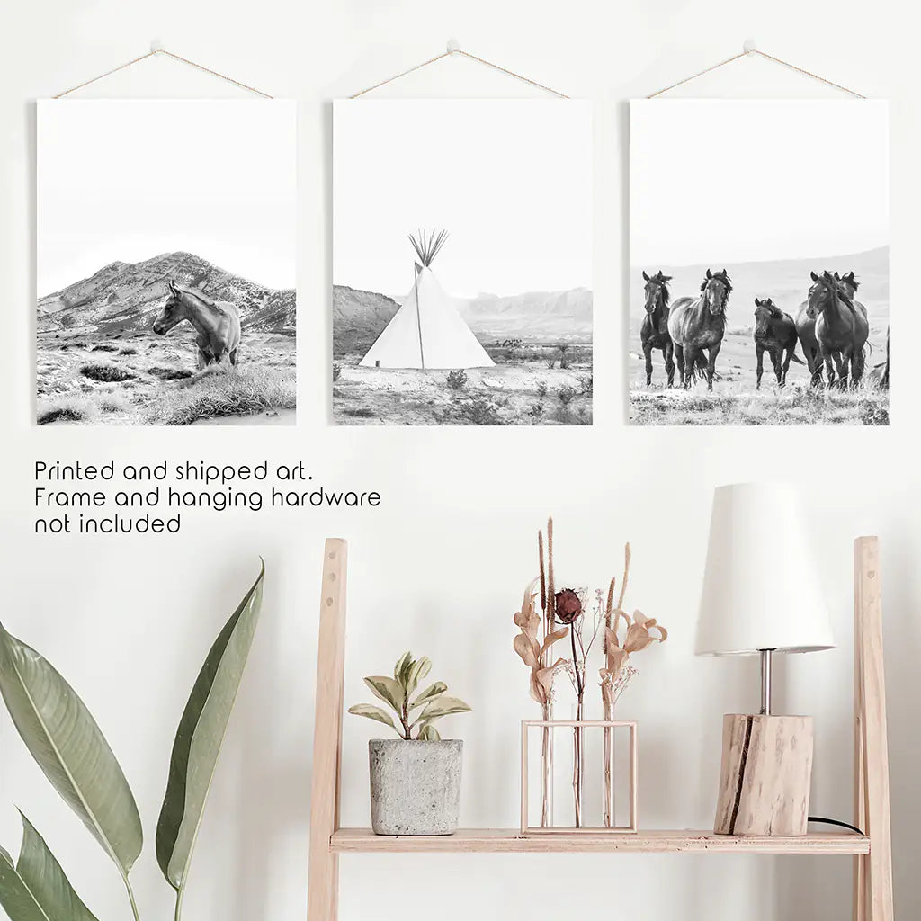 Western Wall Art Set of 3. Desert, Wild Horses, Tepee