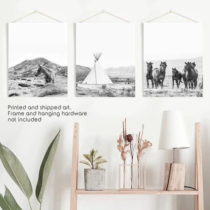 Western Wall Art Set of 3. Desert, Wild Horses, Tepee