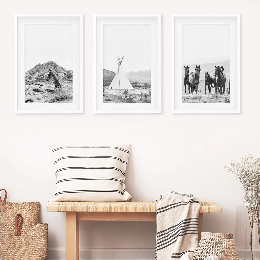 Western Wall Art Set of 3. Desert, Wild Horses, Tepee