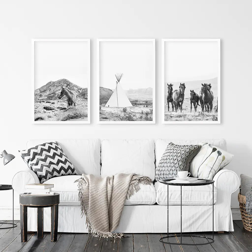 Western Wall Art Set of 3. Desert, Wild Horses, Tepee