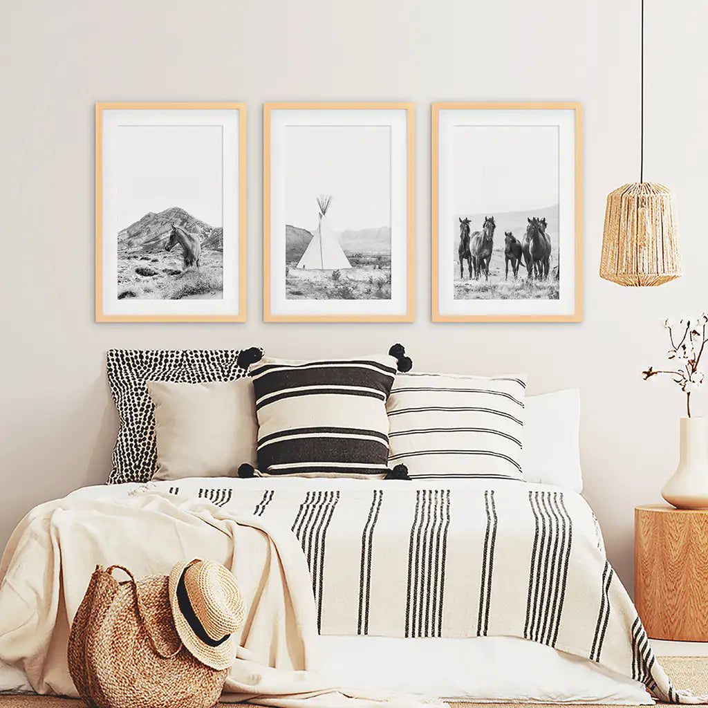 Western Wall Art Set of 3. Desert, Wild Horses, Tepee