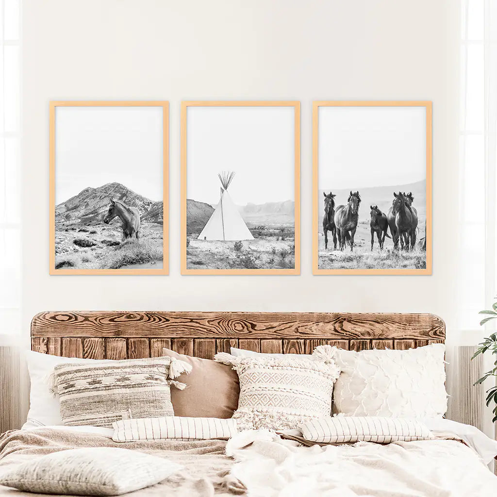 Western Wall Art Set of 3. Desert, Wild Horses, Tepee