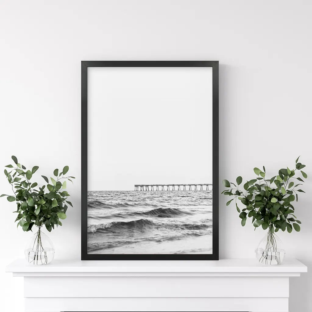 Black and White Beach Pier Poster - Minimalist Coastal Art