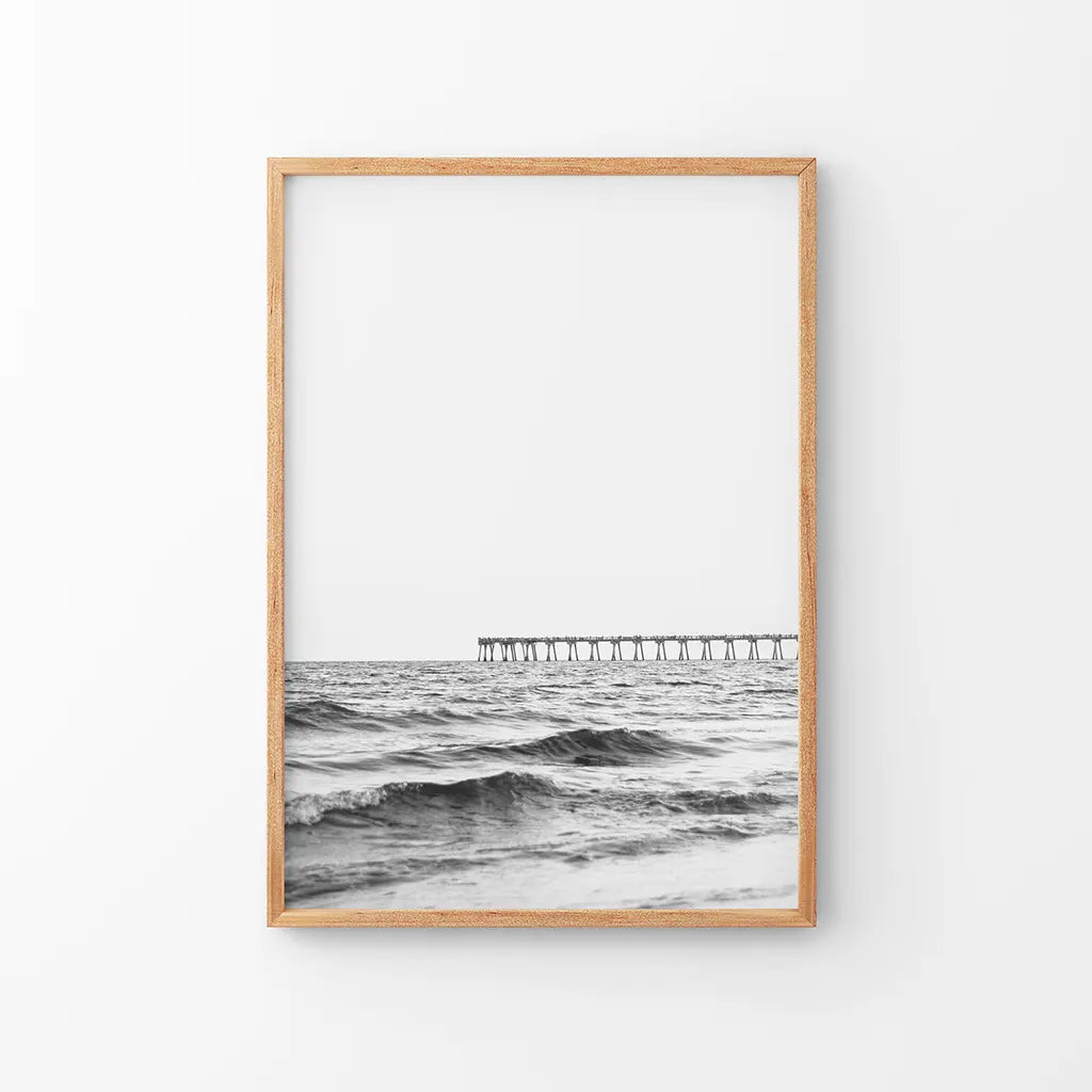 Black and white minimalist beach pier ocean waves coastal poster