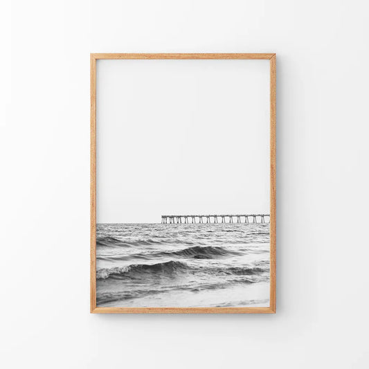 Black and white minimalist beach pier ocean waves coastal poster