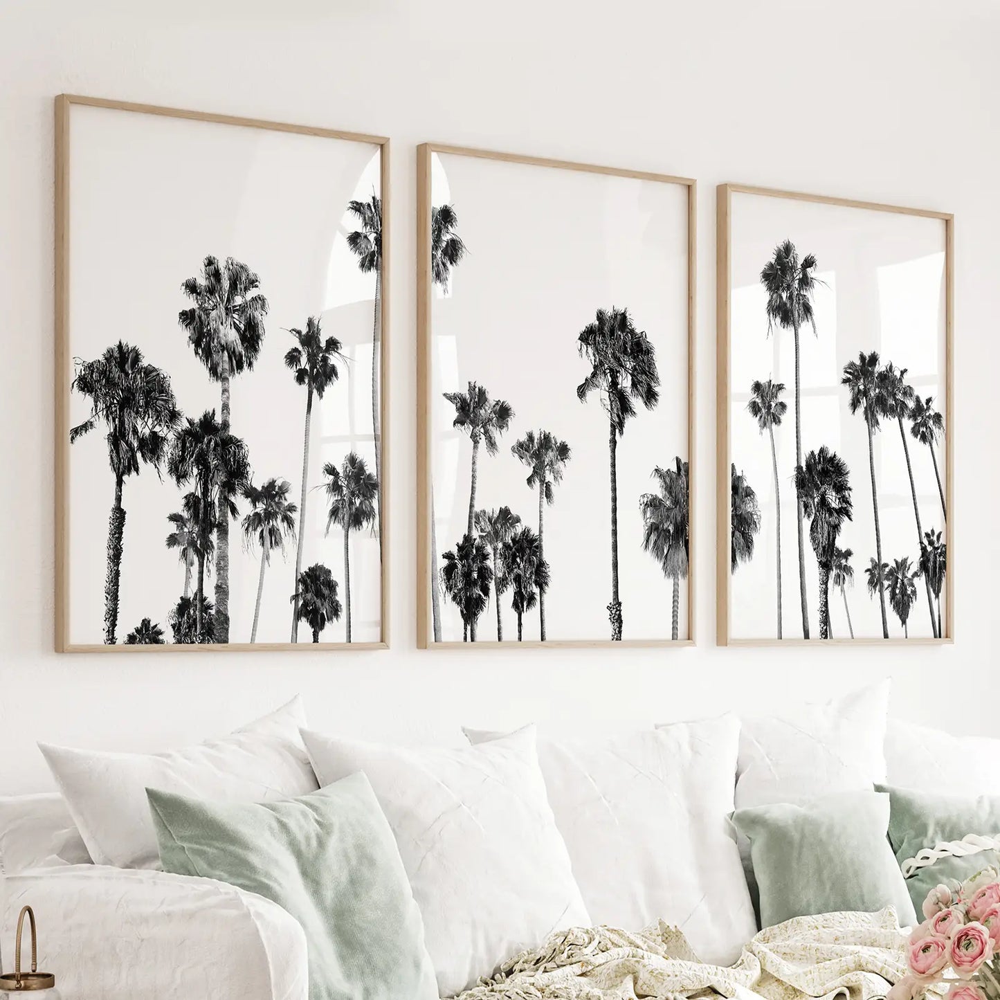 Black and white palm tree triptych with a boho beach feel