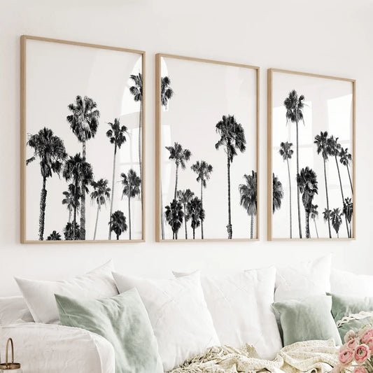 Black and white palm tree triptych with a boho beach feel