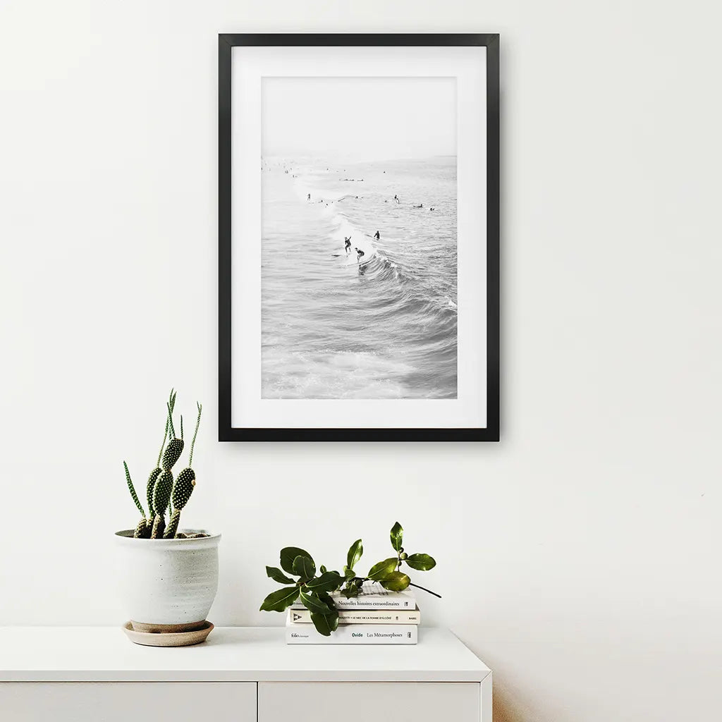 Black and White Surfers on the Waves - Coastal Wall Art