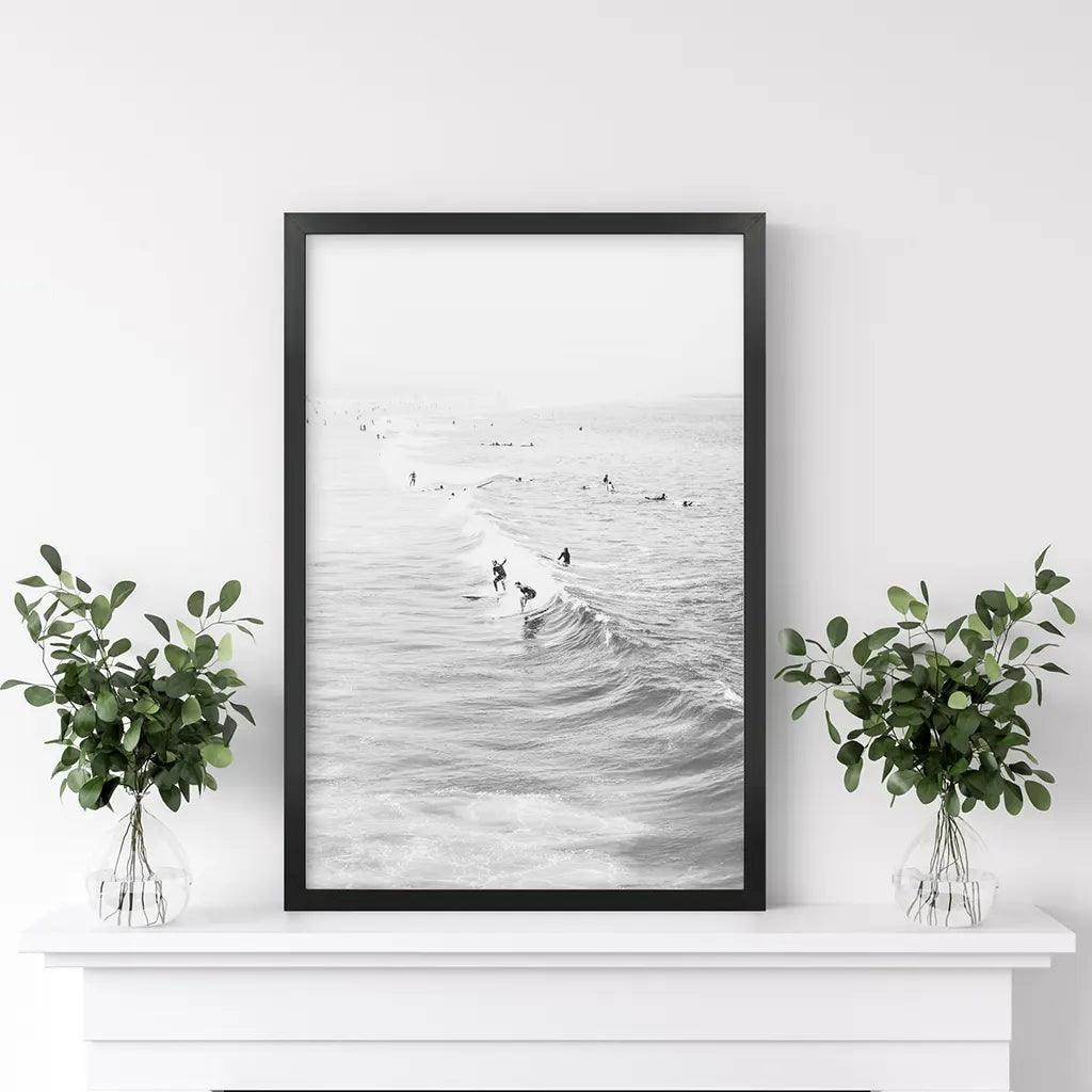 Black and White Surfers on the Waves - Coastal Wall Art