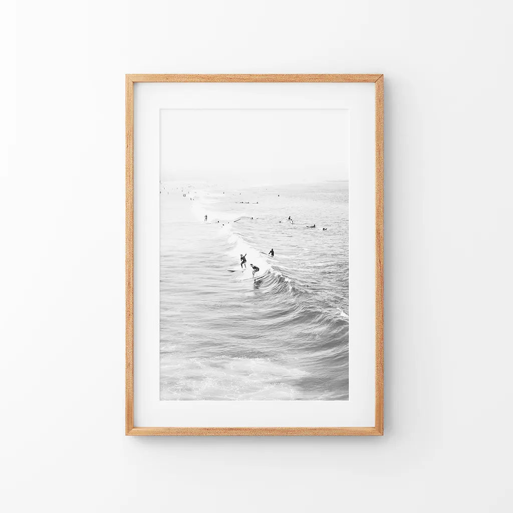 Black and White Surfers on the Waves - Coastal Wall Art