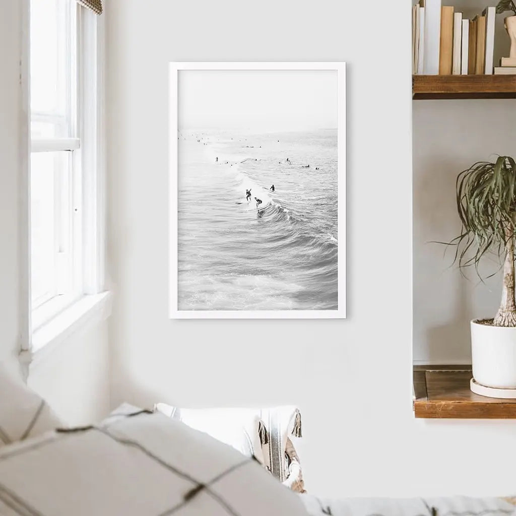 Black and White Surfers on the Waves - Coastal Wall Art