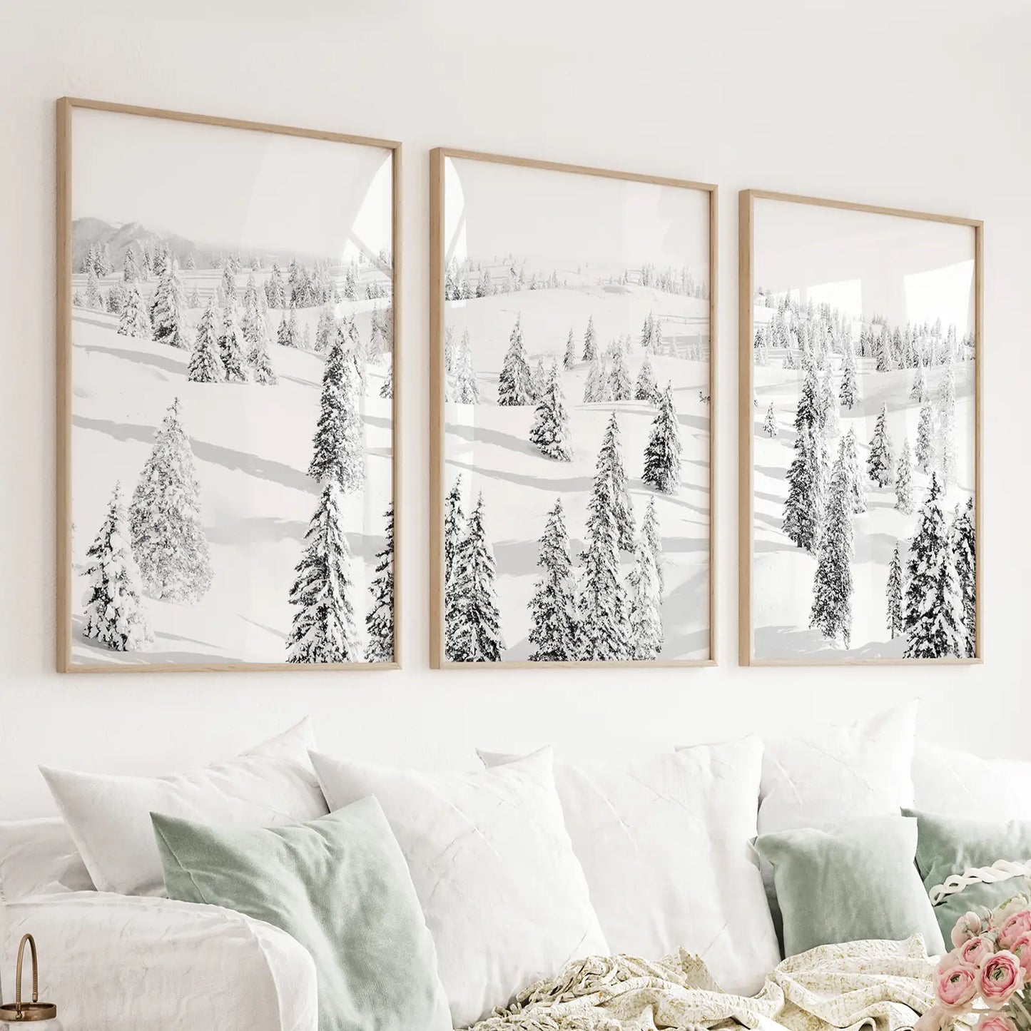 Set of 3 black and white Nordic winter forest wall art prints