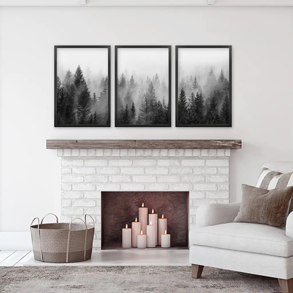 Misty Pine Forest Wall Art Set of 3. Black White Trees