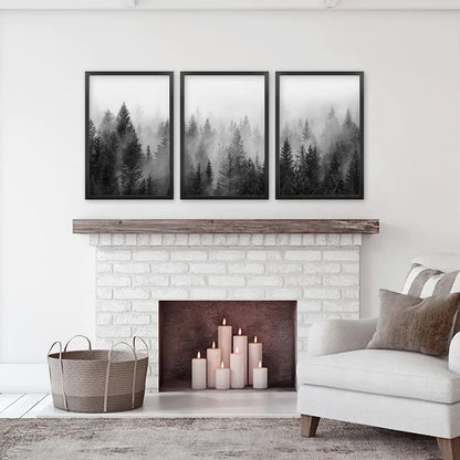 Misty Pine Forest Wall Art Set of 3. Black White Trees