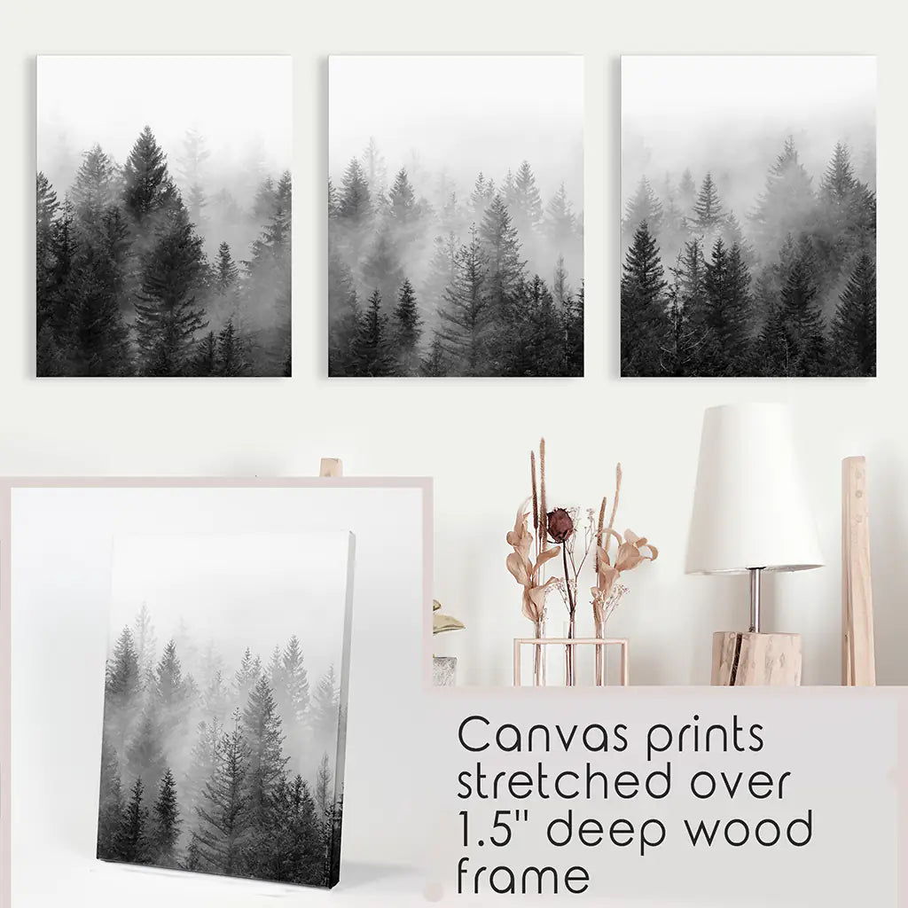 Misty Pine Forest Wall Art Set of 3. Black White Trees