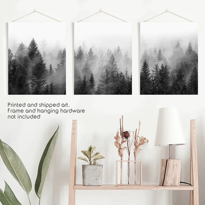 Misty Pine Forest Wall Art Set of 3. Black White Trees