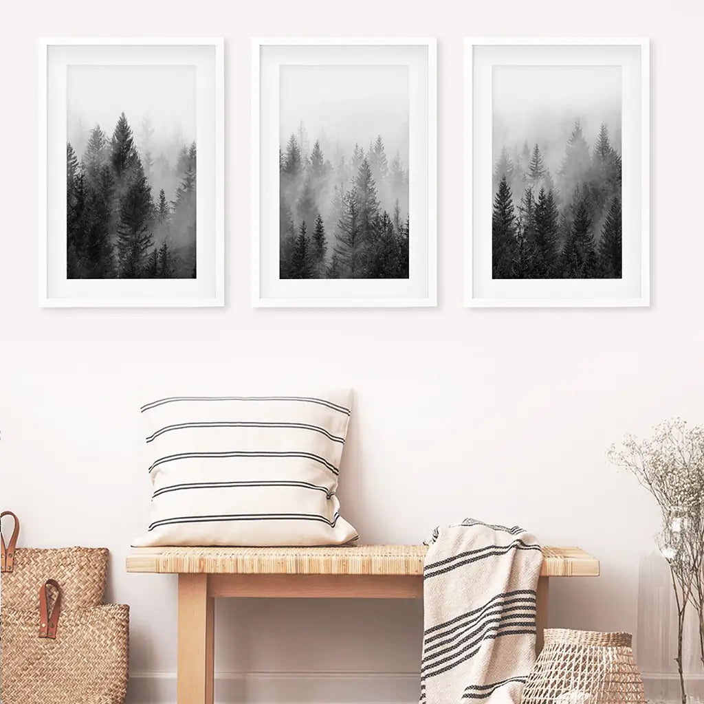 Misty Pine Forest Wall Art Set of 3. Black White Trees