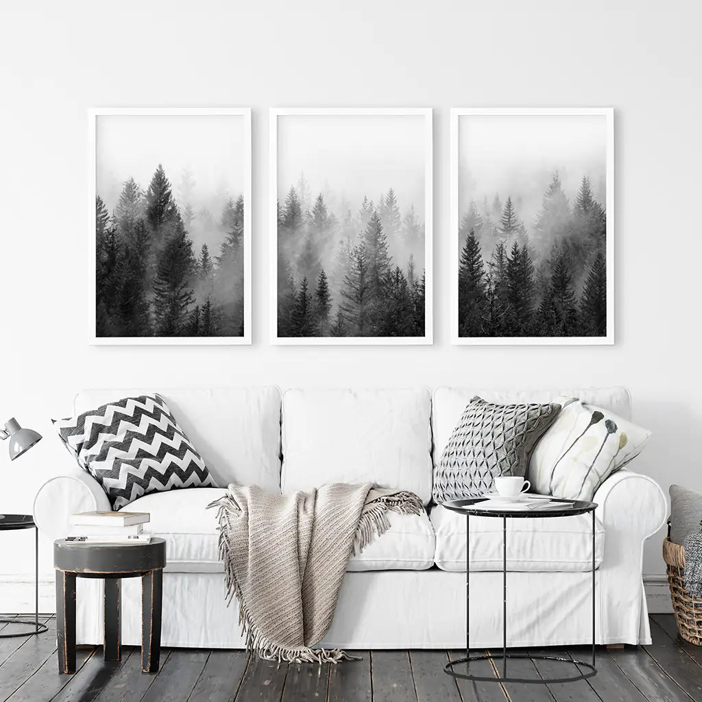 Misty Pine Forest Wall Art Set of 3. Black White Trees