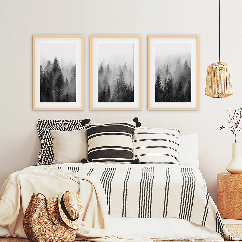 Misty Pine Forest Wall Art Set of 3. Black White Trees