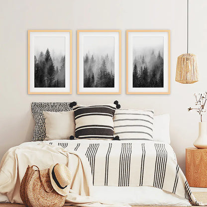Misty Pine Forest Wall Art Set of 3. Black White Trees