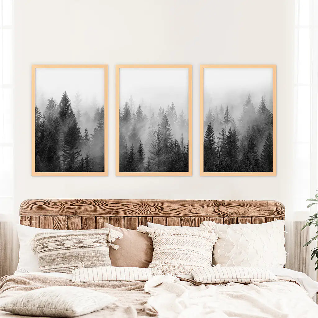 Misty Pine Forest Wall Art Set of 3. Black White Trees