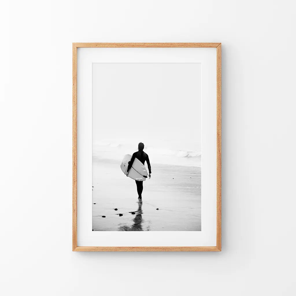 Black and white surfer photo coastal wall art print