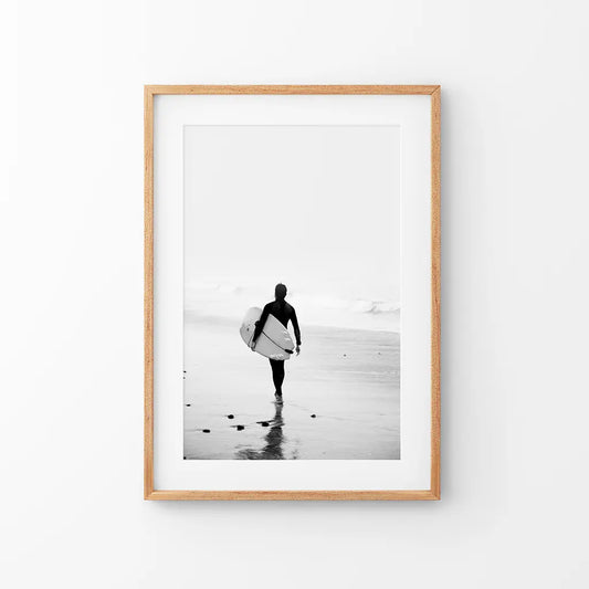 Black and white surfer photo coastal wall art print