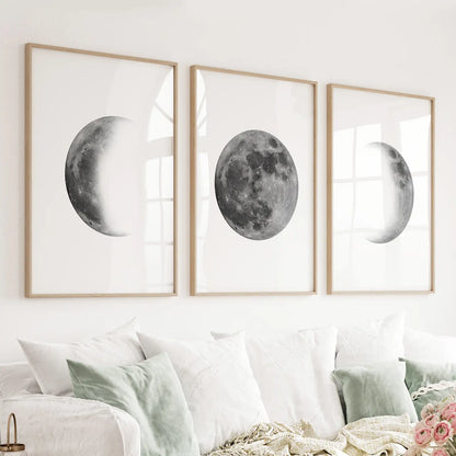 Black and white minimalist moon phases 3 piece wall art set