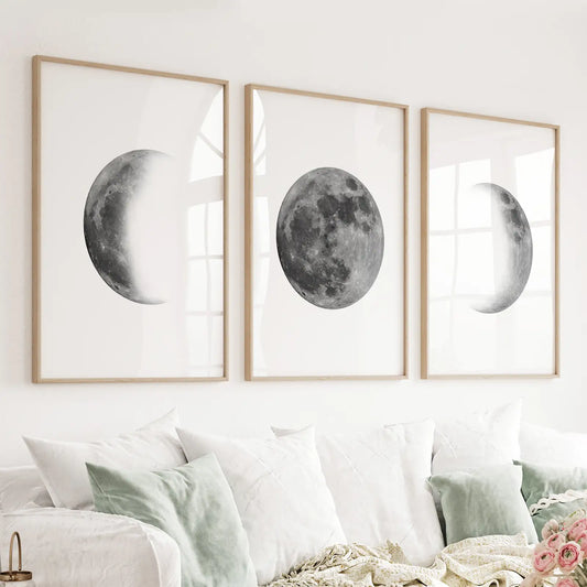 Black and white minimalist moon phases 3 piece wall art set