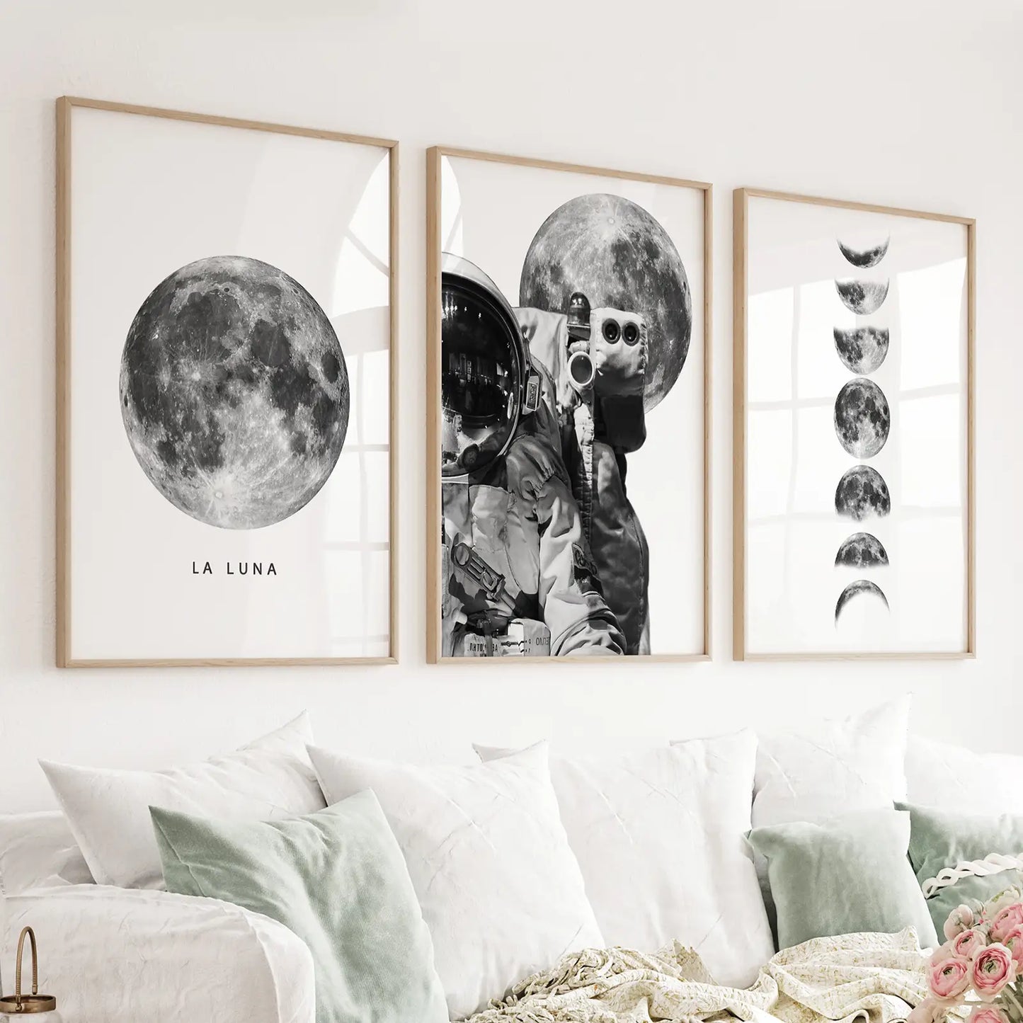 Set of 3 black and white moon phases wall art prints with astronaut
