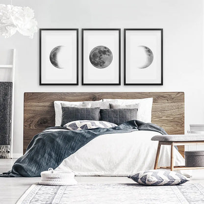 Moon Phases Wall Art, Black White Minimalist 3 Piece Set