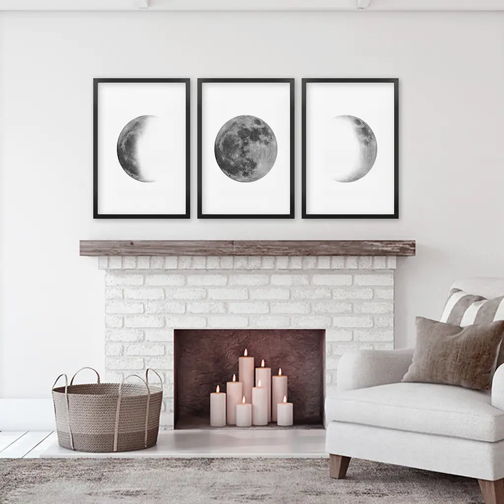 Moon Phases Wall Art, Black White Minimalist 3 Piece Set