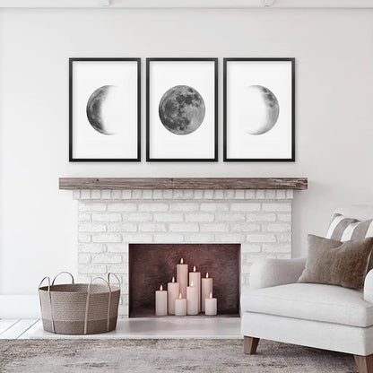 Moon Phases Wall Art, Black White Minimalist 3 Piece Set
