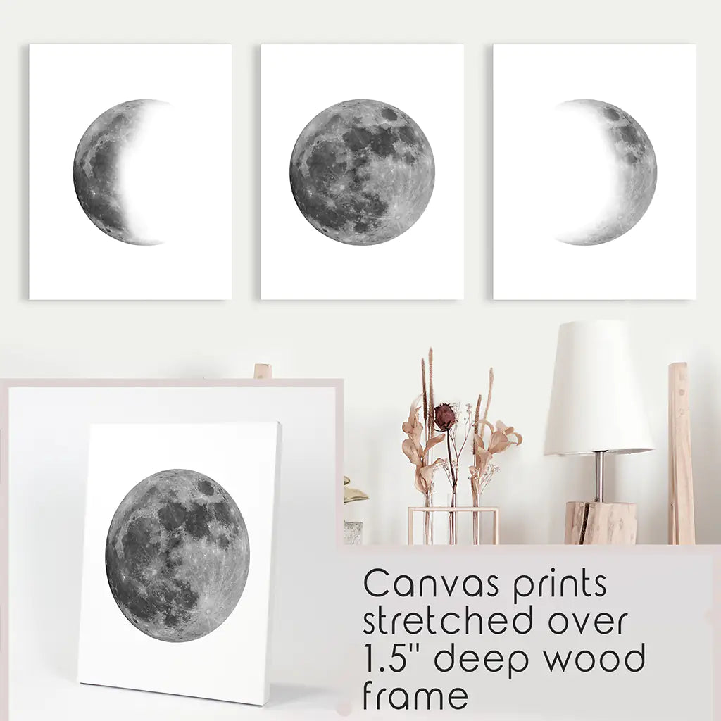 Moon Phases Wall Art, Black White Minimalist 3 Piece Set