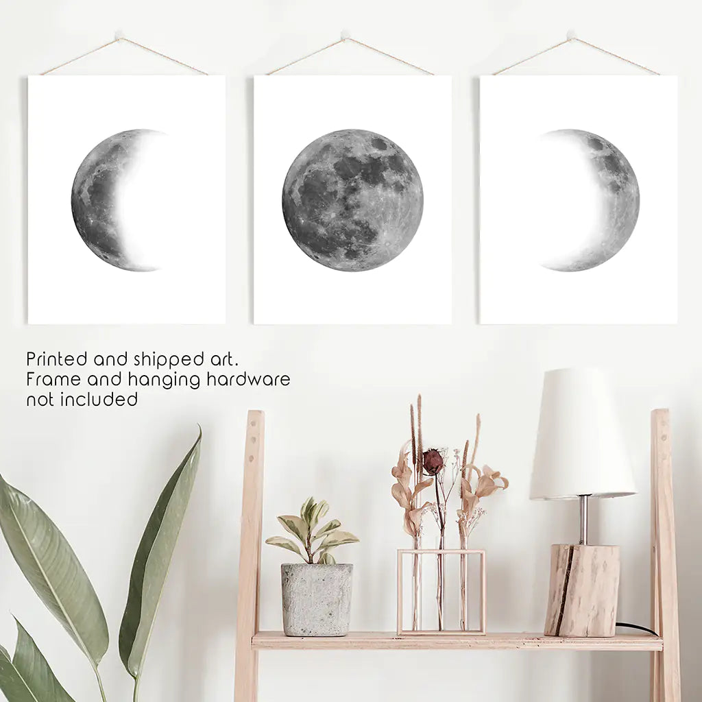Moon Phases Wall Art, Black White Minimalist 3 Piece Set
