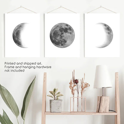 Moon Phases Wall Art, Black White Minimalist 3 Piece Set
