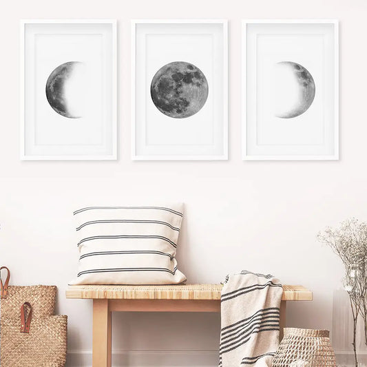 Moon Phases Wall Art, Black White Minimalist 3 Piece Set