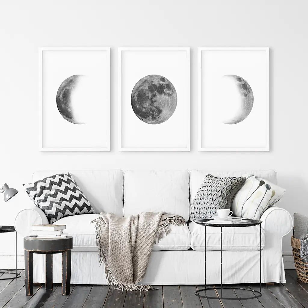 Moon Phases Wall Art, Black White Minimalist 3 Piece Set