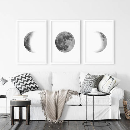 Moon Phases Wall Art, Black White Minimalist 3 Piece Set