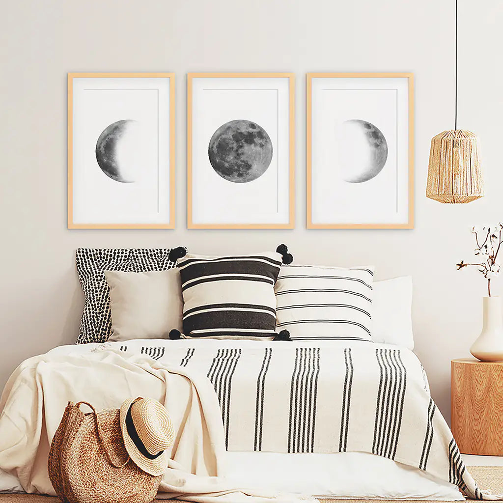 Moon Phases Wall Art, Black White Minimalist 3 Piece Set