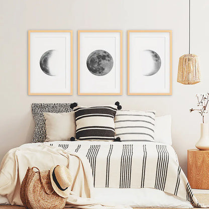 Moon Phases Wall Art, Black White Minimalist 3 Piece Set