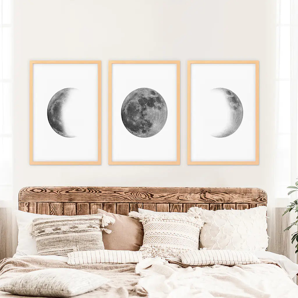 Moon Phases Wall Art, Black White Minimalist 3 Piece Set