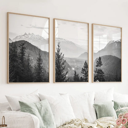 Black and white mountain forest wall art set of 3 in Scandinavian style