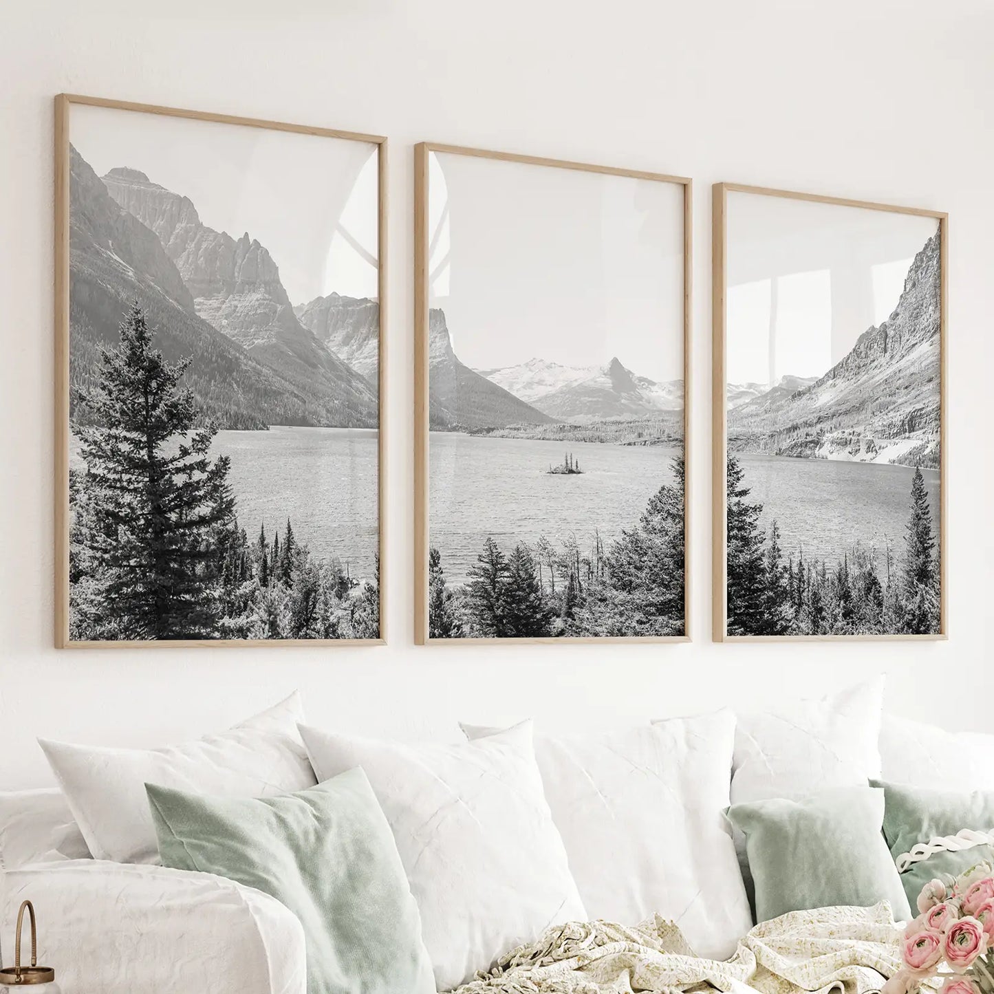 Glacier National Park black and white mountain lake 3 piece wall art set