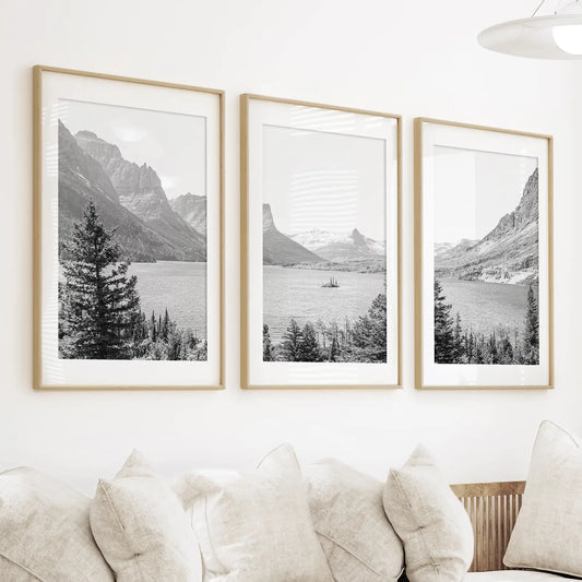 Glacier National Park Wall Art, Black White 3 Piece Set