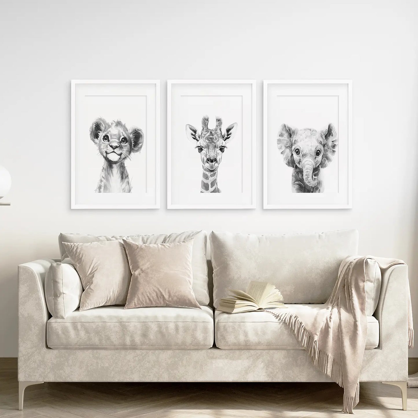 Black and White Jungle Nursery Wall Art Set of 3 - Lion, Giraffe, Elephant