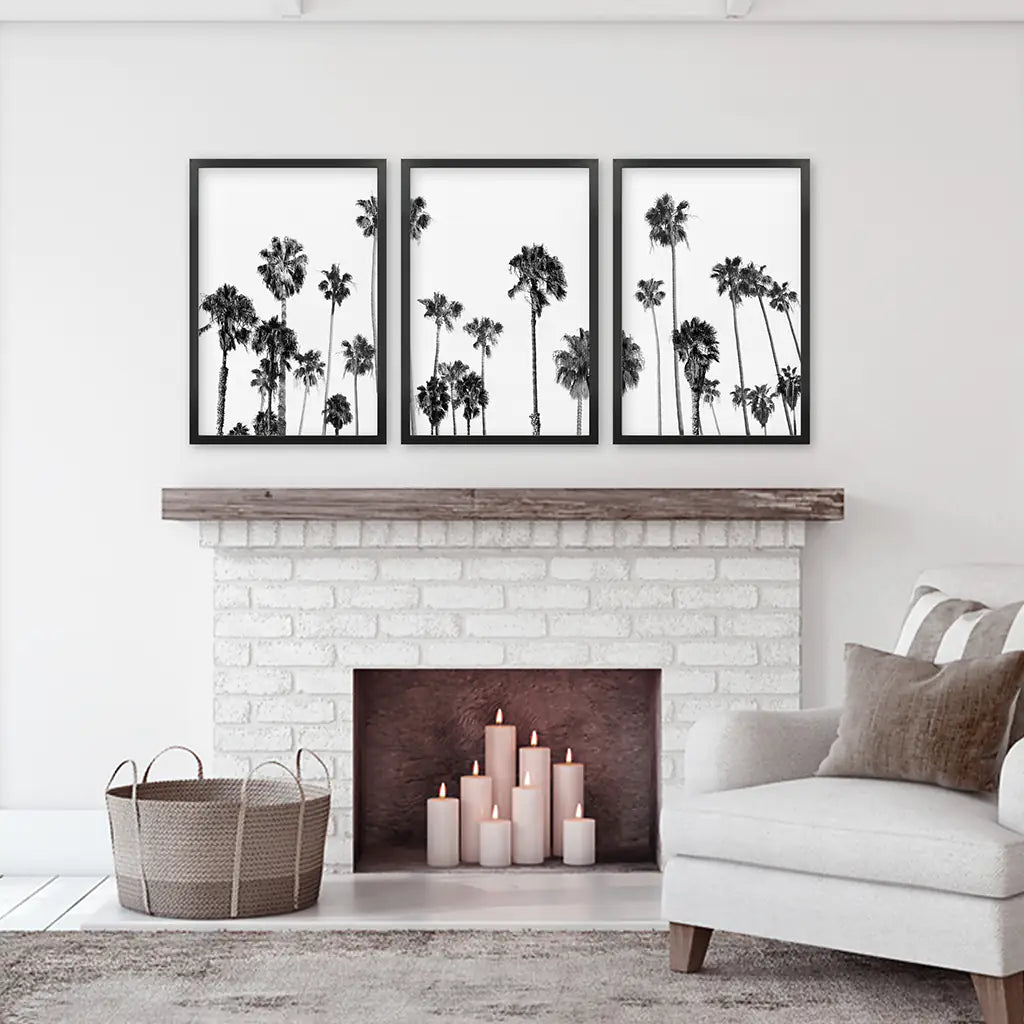Black White Palm Trees Wall Art Triptych. Boho Beach