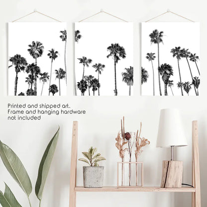 Black White Palm Trees Wall Art Triptych. Boho Beach