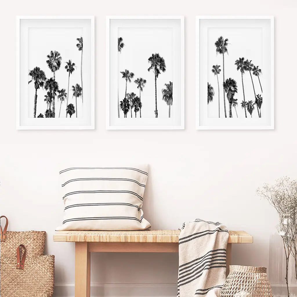 Black White Palm Trees Wall Art Triptych. Boho Beach